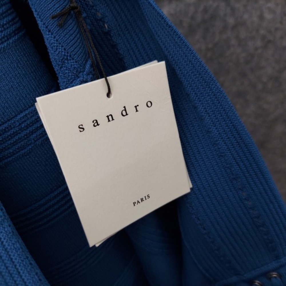 Sandro Paris Skirt Sz 3 Blue Ribbed Knit Stretch High Rise Glam Feminine Career - Picture 12 of 12